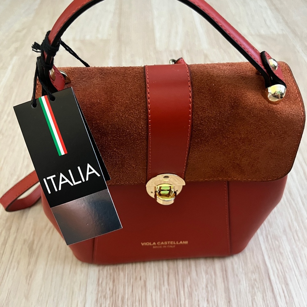 Viola Castellani Redish/Orangish Leather & Suede Satchel